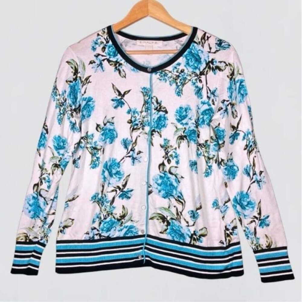 Emaline White Blue Floral Print Long Sleeve Button Down Cardigan Sweater Size M